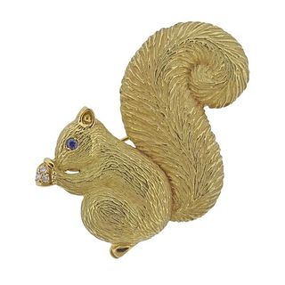 Suna 18K Gold Diamond Sapphire Squirrel Brooch Pin 