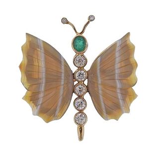 14K Gold Diamond Agate Emerald Butterfly Brooch Pendant