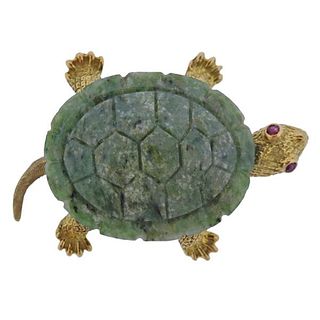 18K Gold Nephrite Ruby Turtle Brooch Pin