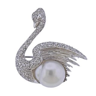18k Gold Diamond Pearl Swan Brooch Pin
