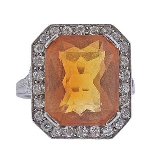 Art Deco Platinum Diamond Citrine Ring