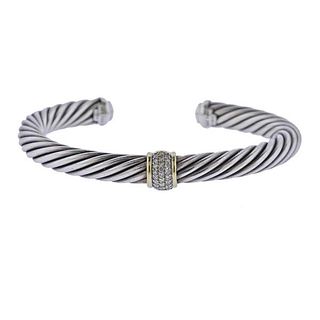 David Yurman Silver 18K Gold Diamond Cuff Bracelet
