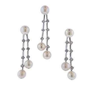 18K Gold Diamond Pearl Pendant Earrings Set