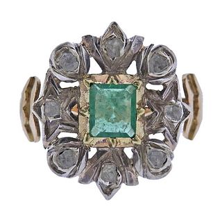 18K Gold Silver Diamond Emerald Ring