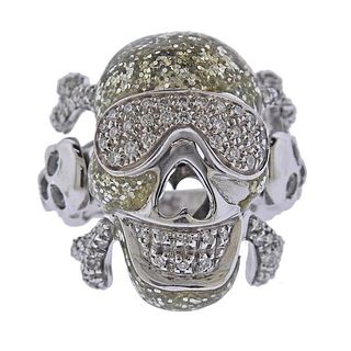 18K Gold Diamond Enamel Skull Ring