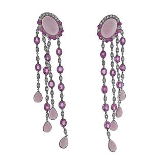 14K Gold Diamond Coral Pink Sapphire Chandelier Earrings