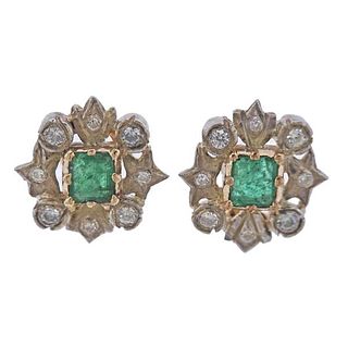 18K Gold Silver Diamond Emerald Earrings