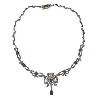 Continental Gold Silver Diamond Emerald Brooch Pendant Necklace