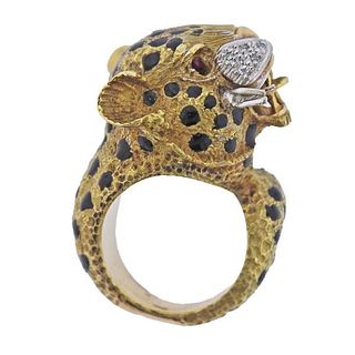 18K Gold Diamond Ruby Enamel Leopard Ring