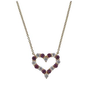 Tiffany &amp; Co 18K Gold Diamond Ruby Heart Pendant Necklace 