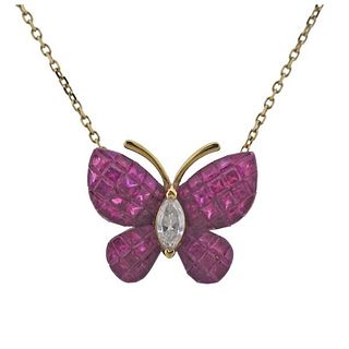 18k Gold Invisible Set Ruby Diamond Butterfly Necklace