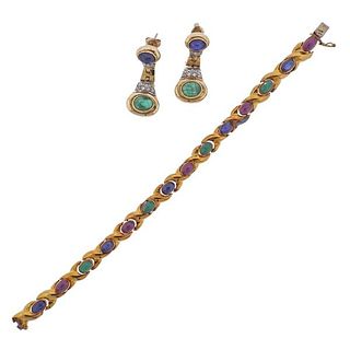 14K Gold Diamond Gemstone Bracelet Earrings Set