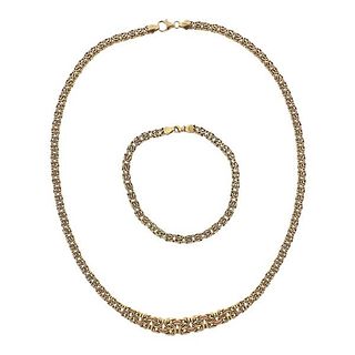French 18k Gold Long Chain Necklace Bracelet Set