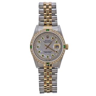 Rolex Datejust Gold Steel MOP Emerald Diamond Watch 16013