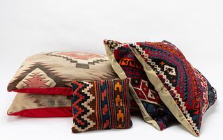 FIVE MULTICOLORED PATTERNED KILIM THROW PILLOWS
