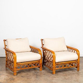 PAIR, FICKS & REED RATTAN ARMCHAIRS WITH CUSHIONS
