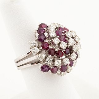 14 WHITE GOLD, RUBY & DIAMOND SPIRAL DOME RING