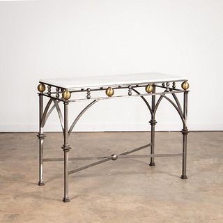 MODERN MARBLE TOP STAINLESS & BRASS CONSOLE TABLE