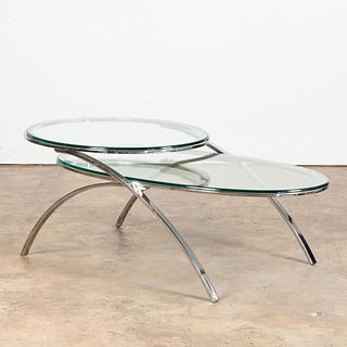 MCM TWO-TIERED OVAL CHROME & GLASS COFFEE TABLE
