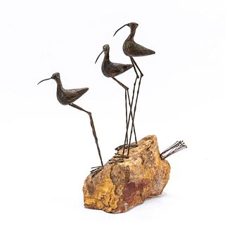 JERE "SANDPIPERS ON ROCK", METAL & STONE SCULPTURE