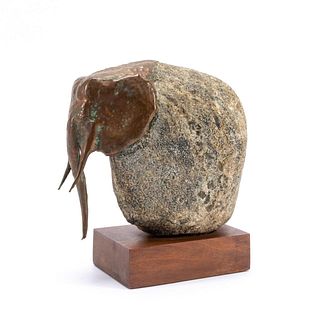 ELEPHANT SCULPTURE, STONE & COPPER ON WOOD STAND