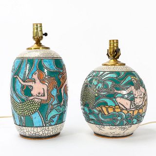 TWO MYTHICAL UNDERWATER MOTIF CERAMIC TABLE LAMPS