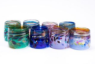 LORETTA EBY, 8 VARIOUS MURANO STYLE GLASS TUMBLERS