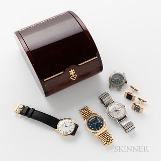 Four Wristwatches, Cuff Links, and a Corum Watch Box