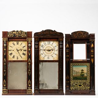 Two Stenciled Column and Splat Clocks and a Case
