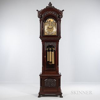 Walter H. Durfee & Co. Carved Mahogany Nine Tubular Bell Hall Clock