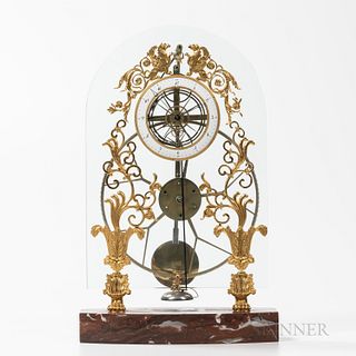French Long-running Glass-plate Skeleton Clock with Remontoire