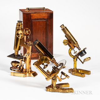 Three Lacquered Brass Compound Monocular Microscopes
