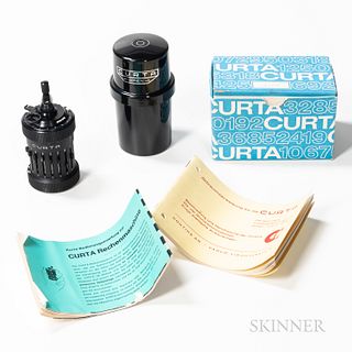 Curta Type I Calculator with Inner and Outer Cases and Booklets