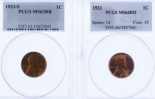 1921 1c MS-64 RD PCGS and 1923-S 1c MS-63 RB PCGS