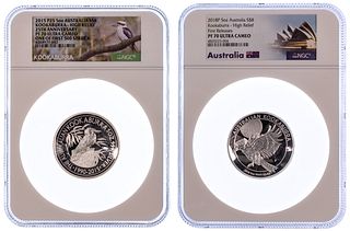 Australia: 2015 and 2018 $8 Kookaburra 5oz Silver Proof PF 70 Ultra Cameo NGC