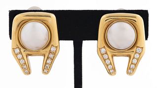 18K Yellow Gold Diamond Mabe Pearl Clip Earrings