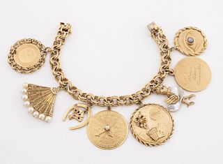 14K Gold Colored Stone & Pearl Charm Bracelet
