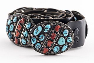 Navajo Silver Turquoise & Coral Concho Belt