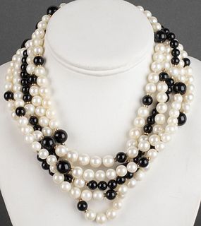 14K Clasp Multi-Strand Pearl & Onyx Necklace