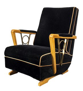 Art Deco Streamlined Blonde Wood & Velvet Armchair