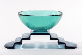 Postmodern Art Glass Bowl On Stepped Glass Base