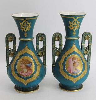 Antique Pair of Porcelain Portrait Urns.