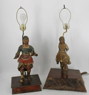 2 Antique Santos Style Figures On Stands As Lamps