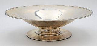 Large Durham Sterling Silver Center Dish
shallow bowl on short stem
foot marked Durham Sterling
height 4 inches, diameter 13 1/4 inches
35.6 t.oz.