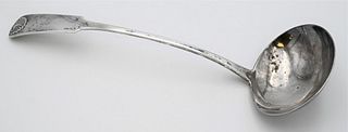 Anthony Rasch Coin Silver Soup Ladle
having upturned fiddle and shell handle with single drop,
marked A. Rasch
length 13 1/2 inches
5.9 t.oz.