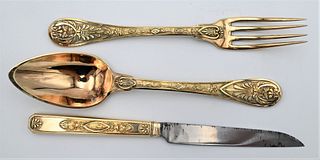 Silver Vermeil Travelling Knife, Fork and Spoon Set
in fitted leather case
touch marks on back
case length 8 1/2 inches