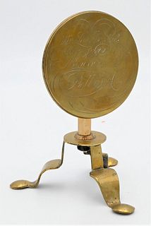 Pennsylvania Brass Candle Reflector
having round tip top on penny foot base
inscribed "William Lewis Sambrook, born June 30th 07, Monessen P.A. USA"
h