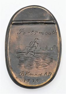 Brass Snuff Box
top lid inscribed Portsmouth B. Howard, AB 1799
2 1/2" x 3 1/2"