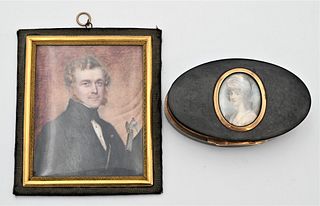 Two Miniature Portraits  to include Josef Eduard Teltscher (1801 – 1837) portrait of a man with a cane having eagle top, signed Teltscher, 3 1/4 x 2 3