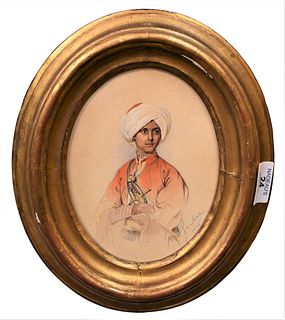 Karl Von Saar
1797 - 1853
orientalist portrait of a man with dagger
watercolor on paper
signed and dated lower right Saar 1836
7 x 5 1/4 inches